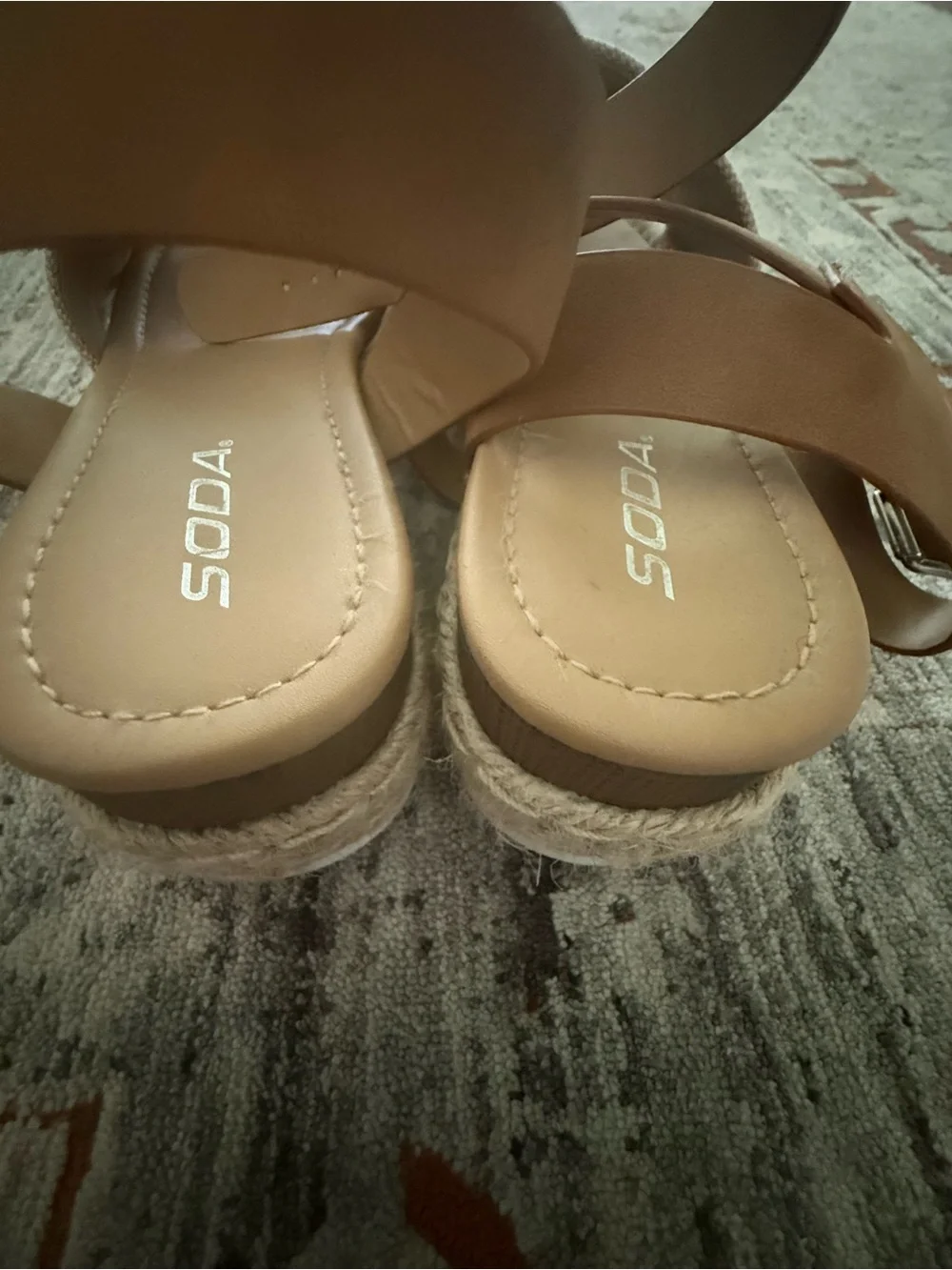 Soda Tan Canvas Espadrille Wedge Sandals with Ankle Strap